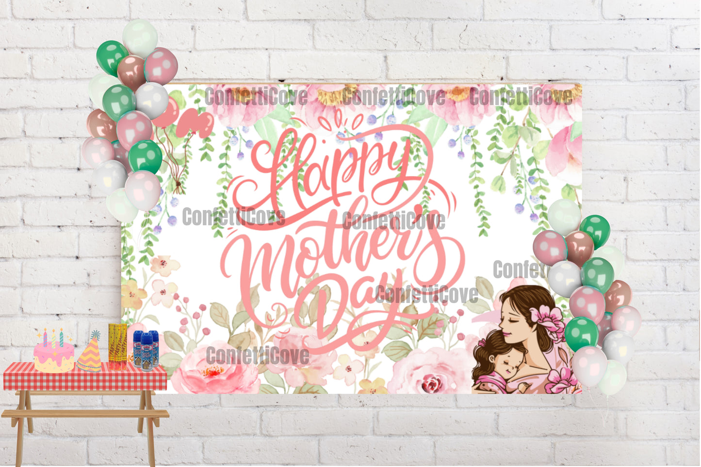 Mother’s Day Party Decor Deal – Custom Backdrop, Balloons, Snow Sprays & More