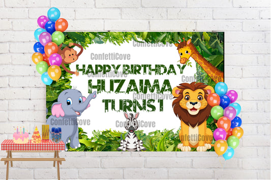 Jungle Safari Birthday Banner – Custom Name & Age | Wild Animal Party Backdrop