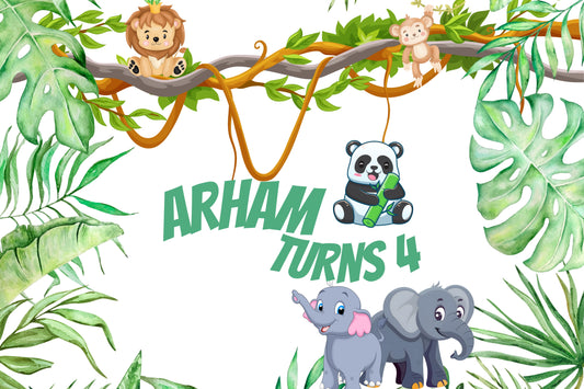 Jungle Safari Birthday Banner – Panda & Elephant Theme | Custom Name & Age Backdro