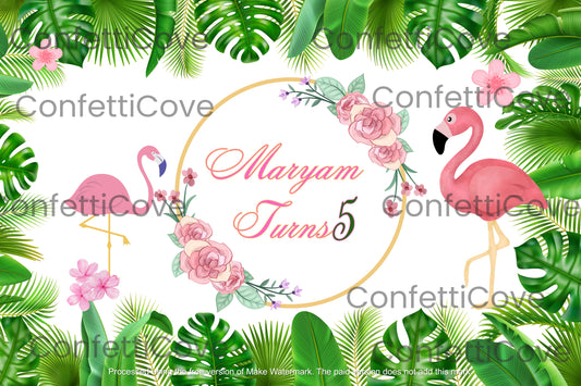 Flamingo Birthday Party Backdrop – Tropical Jungle Theme for Girls (Custom Name & Age)