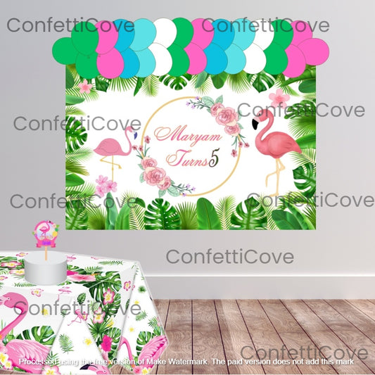 Flamingo Birthday Party Decor Set – Custom Backdrop + 26 Balloons + Cake Topper